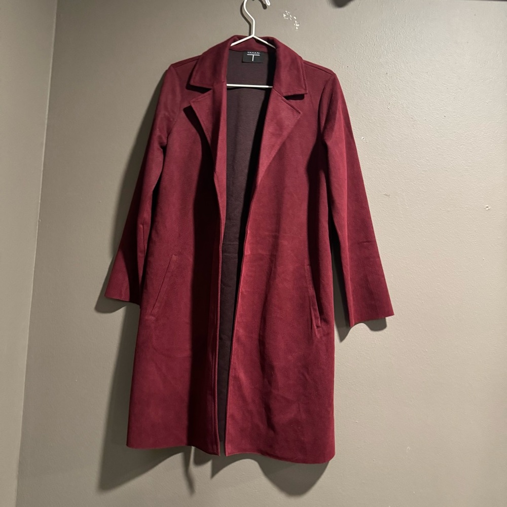Tahari T Faux Leather Vegan Long Line Women's Burgundy Jacket Size Small